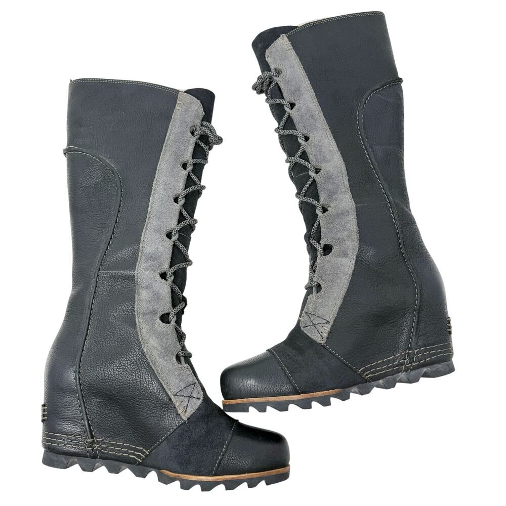 Sorel Black/Gray Leather & Suede Cate the Great Boots Lace Up Women's Size 6 EUC - Picture 5 of 9